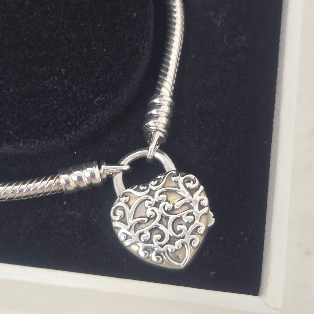 Pandora Retired Regal Heart Padlock Smooth Sterling Silver Bracelet S925 ALE - Picture 3 of 8